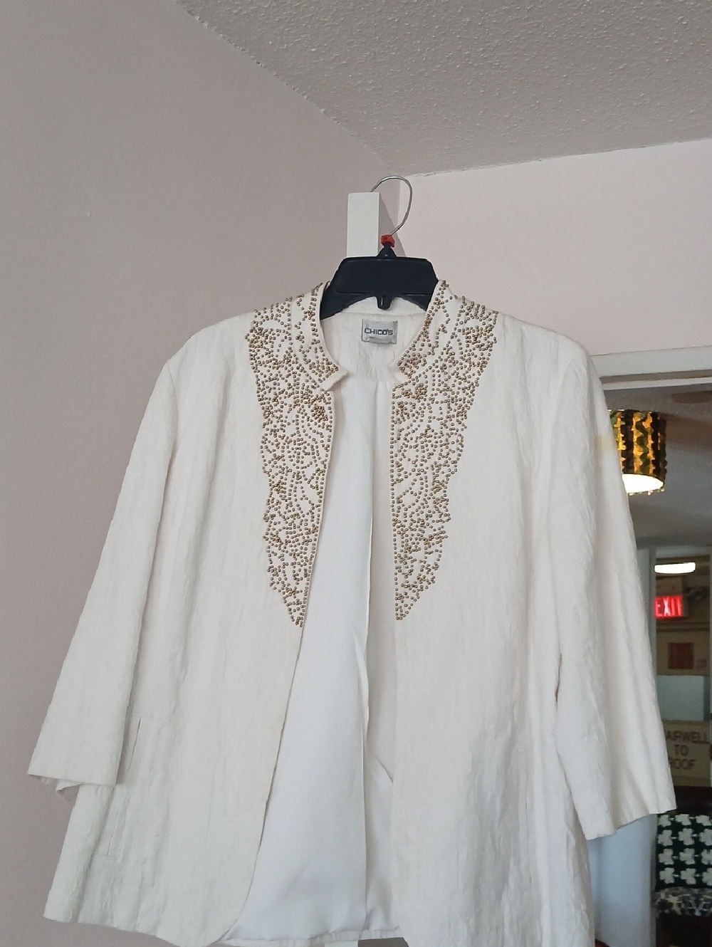 Chico's Ivory Open-Front Jacket with Gold Beaded Trim